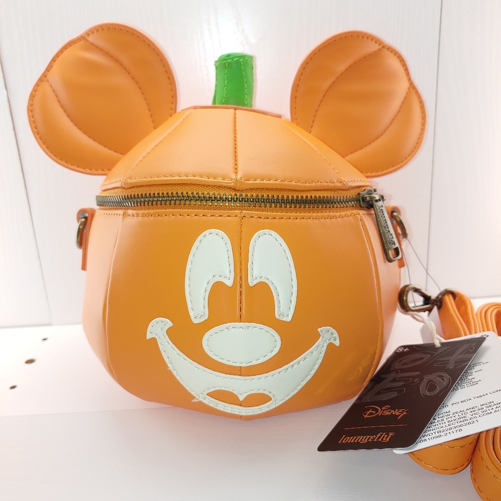 Loungefly Mickey O'Lantern Glow In The Dark Pumpkin Crossbody Bag - Picture 6 of 11